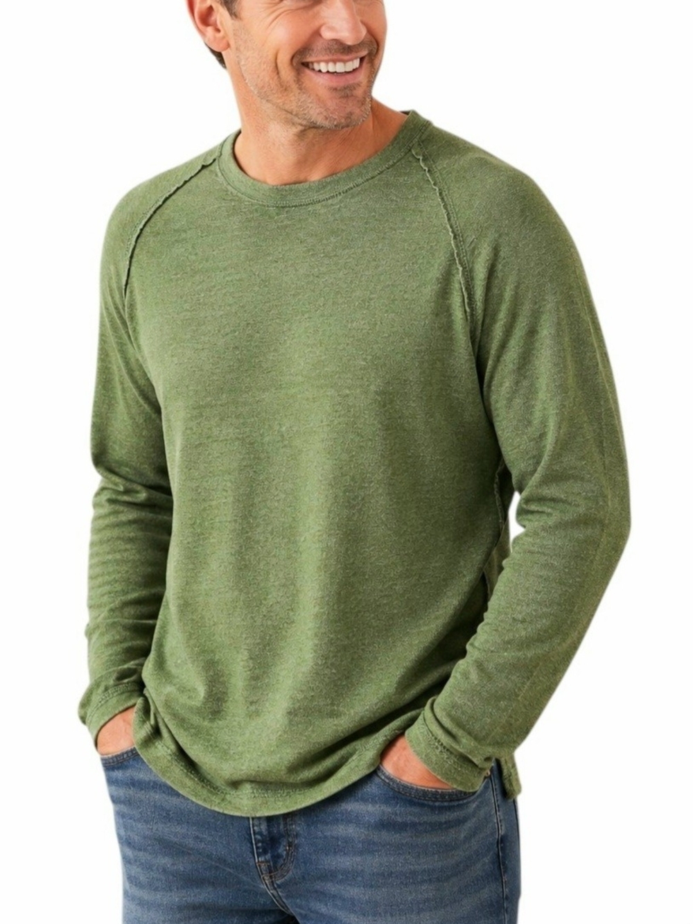 Perry Ellis Portfolio Men L Green Pullover Sweatshirt Raglan Soft Cotton Blend